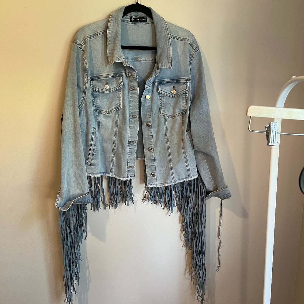 Fashion to Figure Jean Jacket with Fringe size 2X